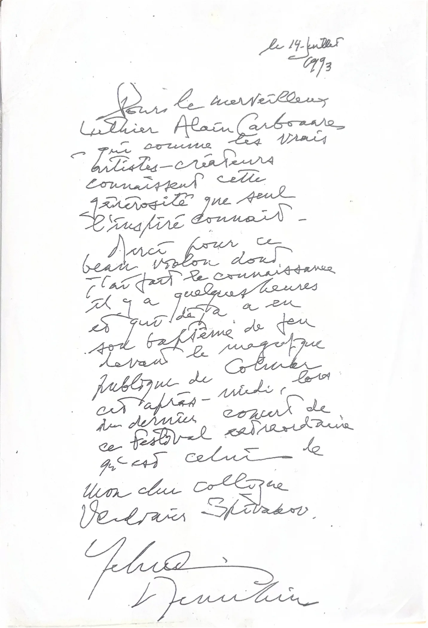 Archive : lettre manuscrite de Yehudi Menuhin datée du 14 juillet 1993