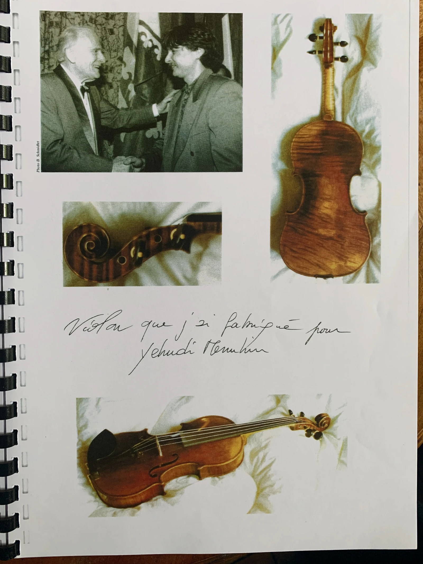Planche d’atelier relative au violon présenté à Menuhin