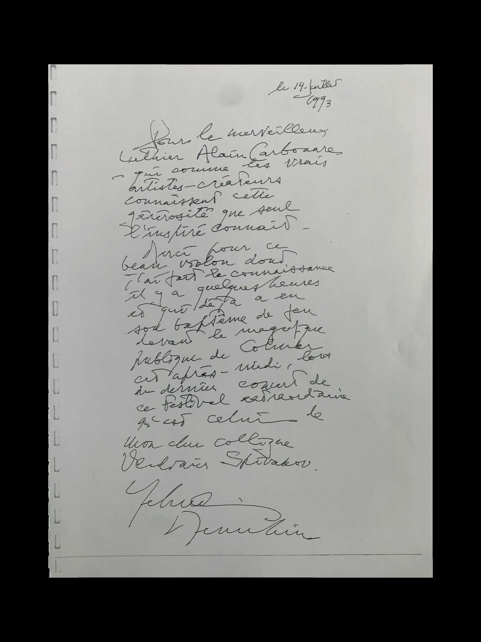 Photographie de la lettre manuscrite de Yehudi Menuhin